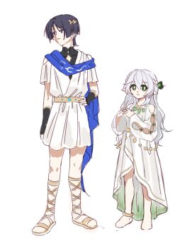 070203wjx 1boy 1girl alternate_costume alternate_hairstyle arm_cutout arm_guards arms_at_sides asymmetrical_sidelocks black_bodysuit black_hair blue_cape blunt_ends bodysuit braid bright_pupils cape cleavage_cutout closed_mouth clothing_cutout commentary_request covered_collarbone cross-shaped_pupils dress full_body genshin_impact gladiator_sandals gold_sandals green_eyes hair_between_eyes hair_down hair_ornament half_up_braid hand_on_own_hip hands_up height_difference highres honkai:_star_rail honkai_(series) jitome leaf leaf_hair_ornament long_hair long_sleeves looking_at_viewer looking_to_the_side mandarin_collar nahida_(genshin_impact) own_hands_together pointy_ears purple_eyes sandals scaramouche_(genshin_impact) short_sleeves showgirl_skirt sidelocks smile symbol-shaped_pupils tareme tunic wanderer_(genshin_impact) wavy_hair white_background white_dress white_hair white_pupils white_sleeves white_tunic wispy_bangs
