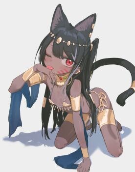 1girl ancient_egyptian ancient_egyptian_clothes animal_ear_fluff animal_ears anklet armlet black_hair bracelet cat_ears cat_girl cat_tail dark-skinned_female dark_skin gold gold_anklet gold_armlet gold_bracelet gold_collar gold_thighlet highres if_you_want_to_become_a_godly_artist_(trend) jewelry kurobeko_(kur0bek0) loli long_hair open_mouth original pelvic_curtain red_eyes simple_background sling_bikini_top solo tail thighlet usekh_collar white_loincloth white_pelvic_curtain
