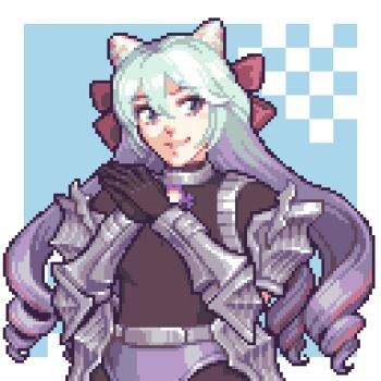 1boy androgynous blue_eyes blue_hair cone_hair_bun drill_hair fire_emblem fire_emblem_engage hair_bun hair_horns long_hair looking_at_viewer male_focus nintendo pink_hair pixel_art rosado_(fire_emblem) smile solo sprite trap x0_000