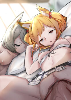 1boy 2girls animal_ear_fluff animal_ears asphyxiation bed bikini blonde_hair breasts brown_eyes death empty_eyes grey_eyes grey_hair indoors loli medium_breasts multiple_girls necrophilia nude personality_(artist) pillow sex skirt small_breasts swimsuit white_bikini