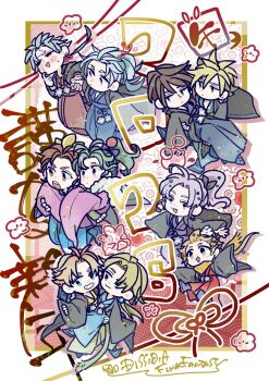 1girl 2026 6+boys bartz_klauser blonde_hair blue_eyes blush brown_hair cecil_harvey cloud_strife commentary copyright_name dissidia_final_fantasy final_fantasy final_fantasy_i final_fantasy_ii final_fantasy_iii final_fantasy_iv final_fantasy_ix final_fantasy_v final_fantasy_vi final_fantasy_vii final_fantasy_viii final_fantasy_x firion green_hair grey_hair grin hair_ornament high_ponytail highres in-franchise_crossover japanese_clothes kimono long_hair multiple_boys onion_knight oshibainoticket parted_bangs ponytail short_hair smile squall_leonhart tidus tina_branford warrior_of_light_(ff1) wide_sleeves zidane_tribal