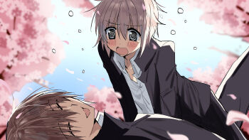 Rule 34 | 2boys, @ @, absurdres, black eyes, black pants, blonde hair, blush, brown hair, cherry blossoms, closed mouth, collared shirt, commentary request, crying, crying with eyes open, embarrassed, gakuran, highres, kasukasugom1, kusanagi naoya, long sleeves, male focus, multiple boys, natsume kei (sakura no uta), open mouth, pants, sakura no uta, scene reference, school uniform, shirt, smile, tears, tree, white shirt