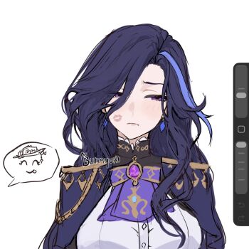 :p ^_^ artist_name ascot blue_hair bunnyoki clorinde_(genshin_impact) closed_eyes commentary earrings genshin_impact highres jewelry lipstick_mark long_hair navia_(genshin_impact) no_headwear purple_ascot purple_eyes shirt signature simple_background tongue tongue_out unfinished upper_body white_background white_shirt