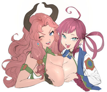 2girls ahoge arm_strap asymmetrical_docking beads blue_shawl braid breast_press breasts breasts_squeezed_together bright_pupils chinese_clothes commentary_request cropped_torso curtained_hair dark-skinned_female dark_skin eyeshadow fang fingerless_gloves forehead from_side gloves green_eyes grey_eyes hair_beads hair_ornament hair_rings highres horns large_breasts long_hair looking_at_viewer looking_to_the_side low-tied_sidelocks makeup mandarin_collar medium_breasts megido72 multiple_girls nebiros_(megido72) no_bra one_eye_closed open_clothes open_mouth open_shirt pink_hair red_eyeshadow red_hair shawl shirt sidelocks sleeveless sleeveless_shirt smile soosaresu teeth twin_braids v-shaped_eyebrows white_pupils white_shirt wide_sleeves xaphan_(megido72)