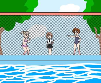 3girls air_bubble animated bikini bow breasts brown_hair bubble competition_school_swimsuit extreme_hearts goggles goggles_on_headwear hair_bow hayama_hiyori holding_breath kodaka_saki kohinata_lise multiple_girls one-piece_swimsuit pink_scrunchie pool school_swimsuit scrunchie side_ponytail submerged swimsuit tagme underwater video