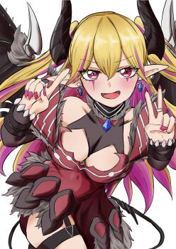 1girl bare_shoulders black_wings blonde_hair breasts cleavage commentary_request demon_girl demon_horns demon_wings dress duel_monster earrings gt_majoyan highres horns jewelry lacrima_the_crimson_tears large_breasts long_hair multicolored_hair pointy_ears red_dress red_eyes simple_background solo two-tone_hair v white_background wings yu-gi-oh!