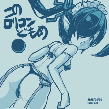 1girl :o ass backbeako_(torotei) backbeard blue_background blue_theme blush breasts commentary cowboy_shot dated dated_commentary dutch_angle elbow_gloves floating_hair from_behind garter_belt gegege_no_kitarou gloves hair_over_one_eye hair_ribbon kono_lolicon_domome loli long_hair looking_at_viewer looking_back maid_headdress micro_bra micro_panties monochrome open_mouth original paid_reward_available panties pear-shaped_figure pointy_ears ribbon simple_background small_breasts solo torotei translated twintails underwear underwear_only very_long_hair watermark web_address
