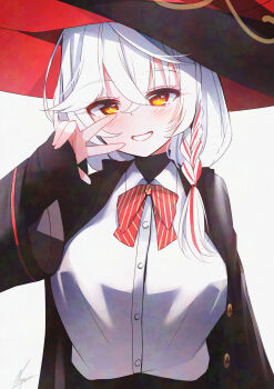 1girl absurdres black_jacket black_skirt blue_archive blush bow braid breasts collared_shirt commentary_request diagonal-striped_bow diagonal-striped_clothes earrings eri_(blue_archive) hair_between_eyes halo hat hat_ribbon highres jacket jewelry large_breasts long_hair looking_at_viewer noger_(hibiki2542) open_mouth orange_eyes orange_halo pleated_skirt red_bow red_ribbon ribbon shirt simple_background skirt smile striped_bow striped_clothes tilted_halo white_background white_hair white_shirt witch_hat