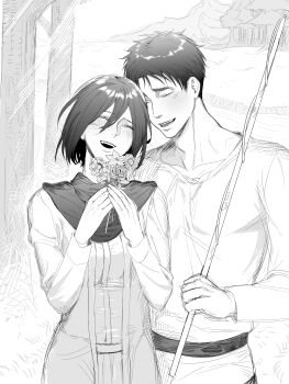 1boy 1girl absurdres amantes404 breasts cardigan commentary couple cow english_commentary eren_yeager facial_scar flower forest hair_between_eyes hetero highres holding holding_flower laughing light_blush medium_breasts mikasa_ackerman mountain nature outdoors scar scar_on_cheek scar_on_face scarf shingeki_no_kyojin shirt short_hair sketch tree white_shirt