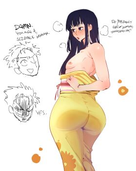 2boys absurdres ass averting_eyes bare_shoulders black_hair blunt_bangs blush breath doodle_inset english_text from_behind highres japanese_clothes kikunojo_(one_piece) kimono kimono_pull lipstick long_hair looking_back makeup male_focus multiple_boys nipples o3o one_piece pink_sash puckered_lips pulling_own_clothes red_lips sash solo sweatdrop topless_male trap void_dot_exe yellow_kimono