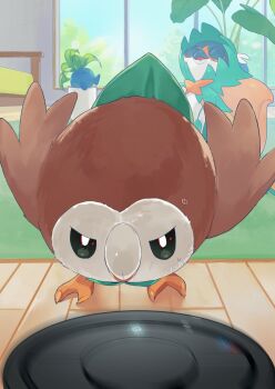 angry bed bird closed_eyes closed_mouth commentary_request day decidueye floor gen_1_pokemon gen_7_pokemon highres indoors kanataeni leaf nintendo no_humans oddish open_mouth owl pillow pokemon pokemon_(creature) pokemon_frlg robotic_vacuum_cleaner rowlet rug sitting smile standing window wings