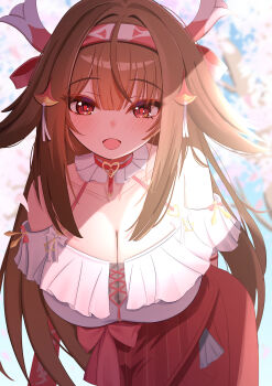 1girl absurdres animal_ear_fluff animal_ears armband arms_behind_back bare_shoulders blue_sky breasts brown_hair cherry_blossoms cleavage collar collarbone commentary_request cross-laced_clothes cross-laced_top droopy_ears falling_petals frilled_armband frilled_collar frilled_shirt frilled_shirt_collar frills hairband high-waist_skirt highres horse_ears horse_girl kurenaiaoi0 large_breasts leaning_forward long_hair long_skirt looking_at_viewer multicolored_hairband official_alternate_costume open_mouth outdoors petals red_eyes red_skirt revision shadow shirt skirt sky solo very_long_hair white_armband white_hairband ye_shunguang ye_shunguang_(touch_of_dawnlight) zenless_zone_zero