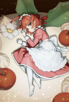 1girl antennae apron back_bow bow brown_eyes cake cherry closed_mouth dress expressionless flower food fruit full_body gloves hair_flower hair_ornament highres hufy juliet_sleeves long_sleeves looking_at_viewer lying maid maid_headdress mini_person minigirl nintendo no_shoes on_food on_side pantyhose personification pikmin_(series) pink_dress puffy_sleeves red_hair red_pikmin short_hair solo white_apron white_bow white_flower white_gloves white_pantyhose