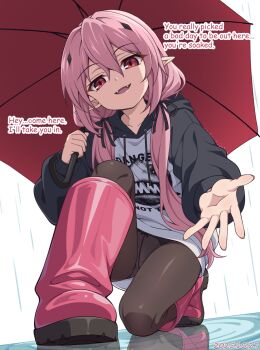 1girl :d alternate_hairstyle black_panties black_pantyhose boots clothes_writing commentary_request contemporary dated english_text fang fangs full_body hair_between_eyes hair_ribbon head_tilt highres holding holding_umbrella hood hoodie knee_boots kneeling krul_tepes kyuutou_(kyuutouryuu) long_hair low_twintails open_mouth outstretched_hand owari_no_seraph panties panties_under_pantyhose pantyhose pink_boots pink_hair pointy_ears rain red_umbrella reflection reflective_liquid ribbon rubber_boots simple_background smile solo twintails umbrella underwear vampire very_long_hair white_background
