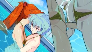 2girls aseiusx ayanami_rei bikini blue_hair breasts collarbone from_behind from_side gold_bikini hug in_water long_hair looking_at_another multiple_girls multiple_views navel neon_genesis_evangelion orange_hair pool red_eyes short_hair small_breasts smile souryuu_asuka_langley standing stomach swimsuit twintails very_long_hair