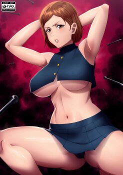 1girl armpits arms_behind_head arms_up artist_logo artist_name black_panties blue_skirt breasts brown_eyes brown_hair crop_top feet_out_of_frame female_focus gluteal_fold highres jujutsu_kaisen kugisaki_nobara large_breasts lips logo looking_at_viewer midriff miniskirt nail_(hardware) navel no_bra ohdax panties pantyshot parted_lips pleated_skirt shiny_skin short_hair skirt sleeveless solo spread_legs squatting teeth thick_thighs thighs underboob underwear