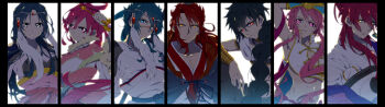 3girls 4boys absurdres black_hair brown_hair chinese_clothes collarbone column_lineup dress hanfu highres judal looking_at_viewer magi_the_labyrinth_of_magic multiple_boys multiple_girls pink_dress pink_hair red_hair ren_hakuei ren_hakuryuu ren_kouen ren_kougyoku ren_kouha ren_koumei simple_background split_screen upper_body white_background