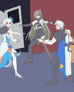 1boy 2girls antenna_hair armor blue_eyes boots breasts cleavage coat commentary_request earrings fur_trim grey_hair high_heels highres honkai:_star_rail honkai_(series) honkai_impact_3rd jewelry korean_commentary long_hair maengkkong-i meme multiple_girls pants pauldrons phainon_(honkai:_star_rail) pointing_spider-man_(meme) red_eyes shoulder_armor single_earring single_pauldron single_thighhigh thighhighs vita_(honkai_impact) white_hair yao_guang_(honkai:_star_rail)