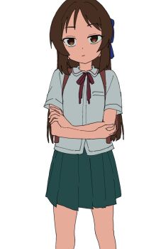 1girl bow brown_eyes brown_hair crossed_arms hair_bow idolmaster idolmaster_cinderella_girls idolmaster_cinderella_girls_u149 long_hair looking_at_viewer momomatang school_uniform shirt simple_background skirt solo tachibana_arisu white_background