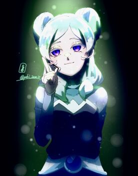 Rule 34 | 1girl, aqua hair, ball, belt, beta (inazuma eleven), black background, black pants, black vest, bodysuit, boots, breasts, commentary, double bun, grey bodysuit, hair bun, hand up, highres, inazuma eleven (series), inazuma eleven go, inazuma eleven go chrono stone, long hair, medium breasts, pants, pointing, pointing up, protocol omega, purple eyes, signature, smile, soccer ball, solo, twitter username, vest, white belt, yuki inzm ir