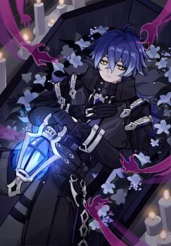 1boy :| arm_belt belt black_coat black_gloves blue_gemstone blue_hair candle closed_mouth coat coffin crossed_bangs double-parted_bangs empty_eyes feet_out_of_frame fire flins_(genshin_impact) flower gem genshin_impact gloves grey_pants hand_on_own_chest hashtag-only_commentary highres holding holding_lantern lantern long_sleeves lying male_focus on_back pants riricake solo tendril_arm thigh_belt thigh_strap white_flower yellow_eyes