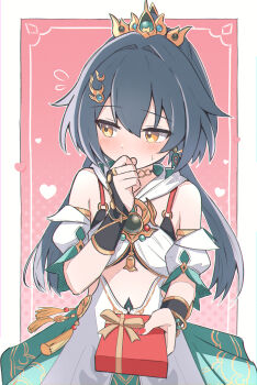 1girl black_bra black_hair blush box bra breasts bridal_gauntlets china_dress chinese_clothes clothing_cutout commentary detached_sleeves dress gift gift_box hair_intakes hair_ornament headpiece highres holding holding_gift honkai:_star_rail honkai_(series) long_hair looking_to_the_side low_twintails o-ring_bra puffy_short_sleeves puffy_sleeves sasanekomaru short_sleeves small_breasts solo stomach_cutout twintails underwear white_dress yellow_eyes yunli_(honkai:_star_rail)