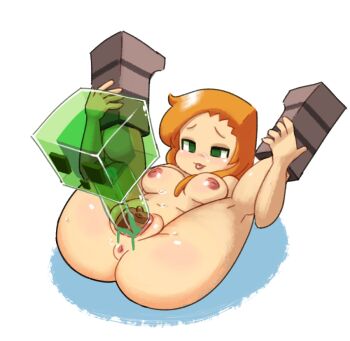 1girl :3 alex_(minecraft) anus breasts cum cum_in_pussy green_eyes interspecies legs_up minecraft minuspal naked_boots nude orange_hair sex simple_background slime slime_(creature) slime_(minecraft) sweat sweatdrop third-party_edit tongue tongue_out translucent vaginal
