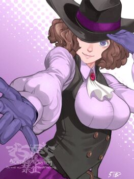 Rule 34 | 1girl, 5tatsu, ascot, black hat, black vest, brown hair, closed mouth, commentary request, gloves, hat, hat over one eye, highres, long sleeves, looking at viewer, noir (persona 5), okumura haru, outstretched arm, persona, persona 5, pink shirt, puffy sleeves, purple eyes, purple gloves, shirt, short hair, smile, solo, vest, white ascot