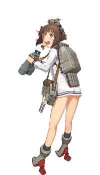 Rule 34 | 1girl, :d, back, bag, binoculars, boots, brown eyes, brown hair, cannon, dress, full body, headgear, high heels, highres, kantai collection, long sleeves, looking back, official art, open mouth, panties, radar hair ornament, rudder footwear, sailor dress, see-through clothes, ship turret, shizuma yoshinori, short dress, short hair, smile, solo, speaking tube headset, teeth, third-party source, torpedo, transparent background, underwear, upper teeth only, white dress, white panties, yukikaze (kancolle)