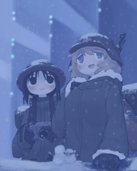 absurdres artist_name backpack bag black_eyes black_hair blonde_hair blue_eyes blush brodie_helmet camera chito_(shoujo_shuumatsu_ryokou) coat combat_helmet fog fur_trim gloves green_coat grey_helmet gun gun_on_back helmet highres holding holding_camera kurohanenone looking_at_another low_twintails military_uniform rifle shoujo_shuumatsu_ryokou smile snow snow_on_body snow_on_clothes snow_on_head snowing snowman stahlhelm twintails weapon weapon_on_back yuuri_(shoujo_shuumatsu_ryokou)