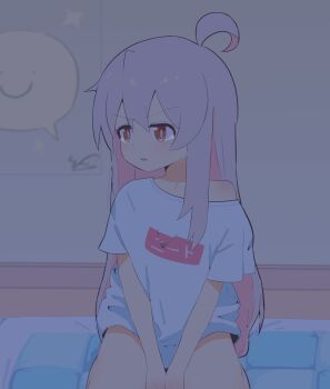 Rule 34 | 1girl, absurdres, ahoge, averting eyes, bare arms, bare legs, brown eyes, commentary, futon, highres, indoors, light blush, long hair, looking to the side, onii-chan wa oshimai!, open mouth, oyama mahiro, pink hair, sad, shirt, short sleeves, single bare shoulder, single off shoulder, sitting, solo, t-shirt, tearing up, v arms, white shirt, yama h15
