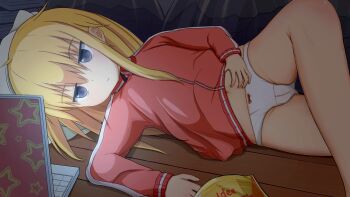1girl blonde_hair blue_eyes bow bow_panties cameltoe chips_(food) computer female_focus food gabriel_dropout gabriel_tenma_white highres indoors jacket knee_up laptop legs loli long_hair lying messy_hair navel no_pants on_floor on_side panties pillow potato_chips red_jacket scratching solo tai_ichi thighs track_jacket underwear white_panties