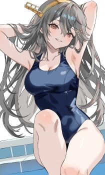 1girl armpit_focus armpits arms_behind_head blue_one-piece_swimsuit breasts brown_eyes cleavage commentary_request commission cowboy_shot grey_hair haruna_(kancolle) headgear highres kantai_collection long_hair looking_at_viewer medium_breasts one-piece_swimsuit poolside school_swimsuit sitting skeb_commission smile solo swimsuit yakizakana_(sakana_u_u)