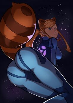 1girl animal_ears ass blonde_hair blue_eyes bodysuit breasts duck_face female_focus from_behind gradient_background highres large_breasts long_hair looking_back mario_(series) metroid nintendo parody parted_lips ponytail pursed_lips raccoon_ears raccoon_tail samus_aran solo splashbrush super_mario_bros._1 super_mario_bros._3 super_smash_bros. tail thighs zero_suit