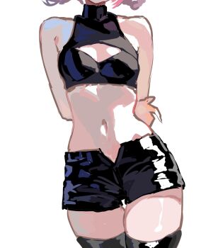 1girl arms_behind_back black_footwear black_thighhighs boots breasts crop_top crossed_arms ha_yoojin highres leg_focus midriff nanakusa_nazuna_(yofukashi_no_uta) navel pink_hair simple_background small_breasts solo_focus tank_top thighhighs yofukashi_no_uta