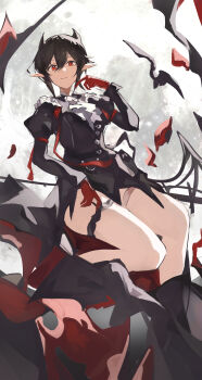 1girl absurdres arknights black_dress black_hair closed_mouth dress entelechia_(arknights) floating gloves hair_between_eyes hair_horns hand_up highres juliet_sleeves light_smile linkai long_sleeves looking_at_viewer mole mole_under_eye pointy_ears puffy_sleeves red_eyes red_gloves short_hair solo thigh_strap unfinished