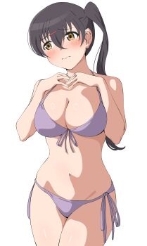1girl absurdres akamine_ten alternate_costume averting_eyes bare_shoulders bikini black_hair breasts cleavage commentary cowboy_shot facing_viewer front-tie_bikini_top front-tie_top groin hair_ornament hairclip highres large_breasts long_hair love_live! love_live!_nijigasaki_high_school_idol_club love_live!_nijigasaki_high_school_idol_club_the_movie_-_finale navel purple_bikini raised_inner_eyebrows side-tie_bikini_bottom side_ponytail solo standing stomach swimsuit uchuu_no_mozuku