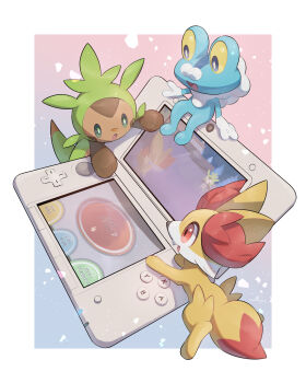 absurdres blue_background border chespin commentary_request fennekin froakie gen_6_pokemon gradient_background handheld_game_console highres nintendo nintendo_3ds no_humans nullma open_mouth pink_background pokemon pokemon_(creature) starter_pokemon_trio white_border