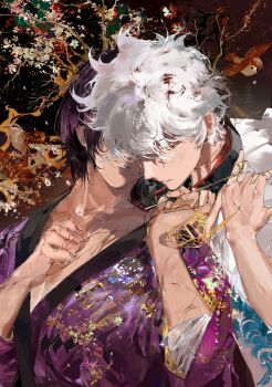 2boys abstract_background absurdres animal_collar bird black_background black_collar blood blood_in_hair bug butterfly clenched_hand collar collarbone defeat eurasian_tree_sparrow fingernails floral_background gintama hand_on_another's_chin highres insect japanese_clothes kimono long_sleeves male_focus messy_hair multiple_boys necessarytothink parted_lips pectoral_cleavage pectorals purple_hair purple_kimono red_eyes sakata_gintoki scar scar_on_arm short_hair three-quarter_sleeves sparrow string string_around_finger string_around_neck string_of_fate takasugi_shinsuke upper_body white_hair white_kimono yaoi yellow_butterfly