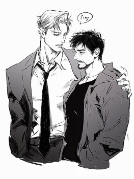 Rule 34 | 2boys, avengers (series), closed mouth, collarbone, collared shirt, commentary, english commentary, english text, facial hair, fingernails, formal clothes, greyscale, half-closed eyes, hand in pocket, hand on another's shoulder, hand up, highres, hood, hoodie, jacket, lapels, long sleeves, looking at another, male focus, malkogromit, marvel, monochrome, multiple boys, necktie, open clothes, open hoodie, open jacket, pants, shirt, short hair, simple background, smile, speech bubble, steve rogers, suit, suit jacket, t-shirt, teeth, tony stark