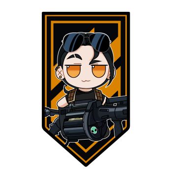 1girl 3rd_assault_brigade black_hair chibi earrings eyewear_on_head fumo_(doll) gloves grenade_launcher hanna_kovalchuk highres jewelry korzynka_persykiv looking_at_viewer original patch russo-ukrainian_war smile solo sunglasses transparent_background tryzub weapon