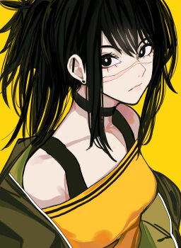 Rule 34 | 1girl, absurdres, black eyes, black hair, chainsaw man, choker, highres, jacket, looking at viewer, medium hair, off-shoulder shirt, off shoulder, ponytail, sailen0, scar, scar on face, shirt, tendou michiko, yellow background, yellow shirt