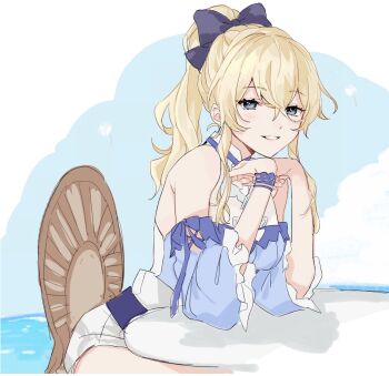 1girl aqua_flower bare_shoulders blonde_hair blue_bow blue_eyes blue_footwear blush bow chair commentary_request detached_sleeves flower frilled_sleeves frills genshin_impact grin hair_between_eyes hair_bow high-waist_shorts high_heels high_ponytail highres jean_(genshin_impact) jean_(sea_breeze_dandelion)_(genshin_impact) jewelry looking_at_viewer medium_hair o-ring official_alternate_costume open_mouth ponytail shading_eyes shorts sidelocks sitting smile solo sushi_171 table teeth thighlet thighs white_shorts wide_sleeves wristband