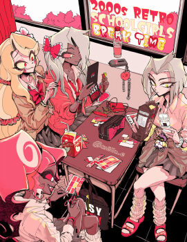 angel blonde_hair blush_stickers bow bowtie breasts cardigan charlie_morningstar circle_facial_mark colored_sclera colored_skin commentary_request dark-skinned_female dark_skin demon_girl dress ear_piercing eyeshadow facial_mark grey_eyeshadow grey_hair grey_skin gyaru hair_bow hair_over_one_eye hazbin_hotel heart hellaverse highres jewelry kogal large_breasts long_hair looking_at_viewer loose_bowtie loose_socks lute_(hazbin_hotel) makeup multiple_girls nurui_(namanu_ru) open_mouth piercing pink_hair pink_sclera pleated_skirt red_eyes red_sclera school_uniform shirt short_hair skirt smile socks teeth twintails vaggie velvette_(hazbin_hotel) very_long_hair white_hair white_shirt white_skin yellow_eyes yellow_sclera