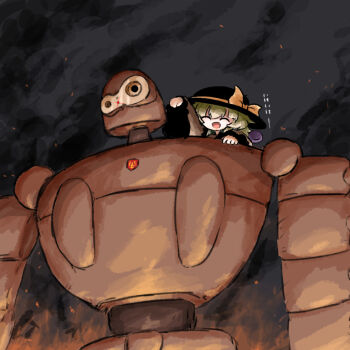 1girl black_hat bow closed_eyes commentary_request crossover eyeball frilled_shirt_collar frilled_sleeves frills green_hair hair_between_eyes hand_up hat hat_ribbon heripantomorrow komeiji_koishi laputa_robot long_sleeves mecha medium_hair on_shoulder open_mouth ribbon robot shirt sidelocks smile tenkuu_no_shiro_laputa third_eye touhou upper_body wavy_hair wide_sleeves yellow_bow yellow_ribbon yellow_shirt