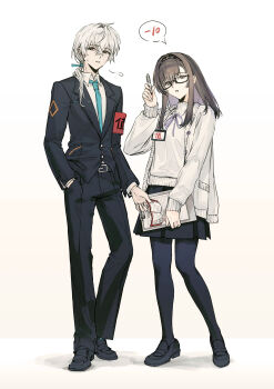 1boy 1girl absurdres alternate_costume aqua_necktie arknights armband belt belt_buckle bespectacled black_belt black_hairband black_jacket black_pants black_pantyhose black_shoes black_skirt breasts brown_hair buckle cardigan chinese_commentary clipboard collared_shirt commentary_request doctor_(anime)_(arknights) doctor_(arknights) full_body glasses gradient_background grey_eyes hair_between_eyes hair_over_shoulder hairband hand_in_pocket highres holding holding_clipboard holding_id_card holding_pen id_card jacket loafers long_hair long_sleeves low_ponytail male_doctor_(arknights) medium_breasts neck_ribbon necktie open_cardigan open_clothes pants pantyhose pen pleated_skirt ponytail priestess_(arknights) purple_ribbon red_armband ribbon school_uniform semi-rimless_eyewear shirt shoes simple_background skirt speech_bubble standing sweater turtleneck turtleneck_sweater white_cardigan white_hair white_jacket white_shirt white_sweater yomi_tamashi