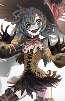 1girl absurdres aqua_eyes aqua_hair black_feathers black_gloves commentary_request costume fangs feathers full_body gloves gotou_az hat hatsune_miku highres leg_up long_hair long_sleeves looking_at_viewer puffy_long_sleeves puffy_sleeves rope scarecrow skin_fangs solo standing standing_on_one_leg straw_(stalk) symbol-shaped_pupils top_hat twintails very_long_hair vocaloid x-shaped_pupils