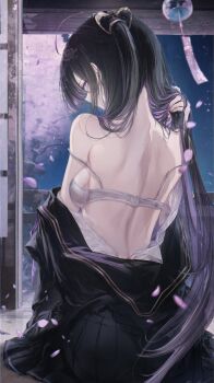 Rule 34 | 1girl, absurdres, back, black hair, black jacket, black skirt, blush, bra, breasts, cherry blossoms, chitose (stella sora), commentary request, convenient censoring, falling petals, highres, jacket, large breasts, long hair, looking at viewer, looking back, multicolored hair, open clothes, open shirt, petals, pleated skirt, purple hair, renoahh, shirt, sitting, skirt, solo, stella sora, twintails, underwear, undressing, white bra, white shirt, wind chime