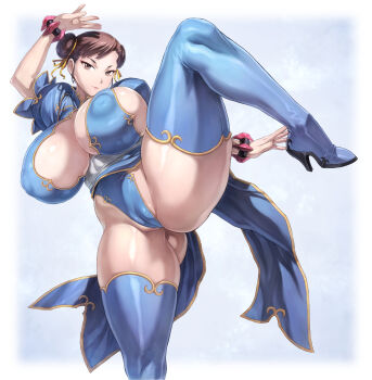 Rule 34 | ass, blue sash, blue thighhighs, bracelet, breasts, brown eyes, brown hair, cameltoe, capcom, chinese clothes, chun-li, cleavage, covered erect nipples, gluteal fold, hair bun, hashtag-only commentary, highres, huge ass, huge breasts, jewelry, leg up, martial arts, mogudan, sash, skin tight, street fighter, thick thighs, thighhighs, thighs