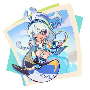 Rule 34 | 1girl, braid, chibi, chinese commentary, commentary request, dress, genshin impact, grey hair, hawaiian clothes, highres, laili buluofen, long hair, looking at viewer, mualani (genshin impact), one eye closed, open mouth, ponytail, red eyes, smile, solo, symbol-shaped pupils, tan, white dress, white hair